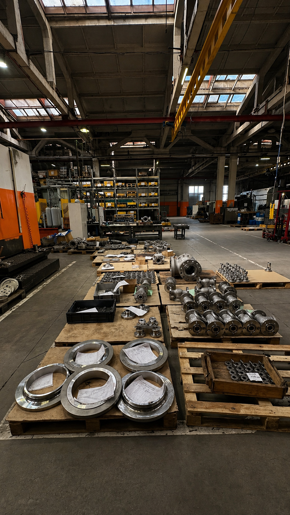 Панорама производственного цеха с партиями деталей